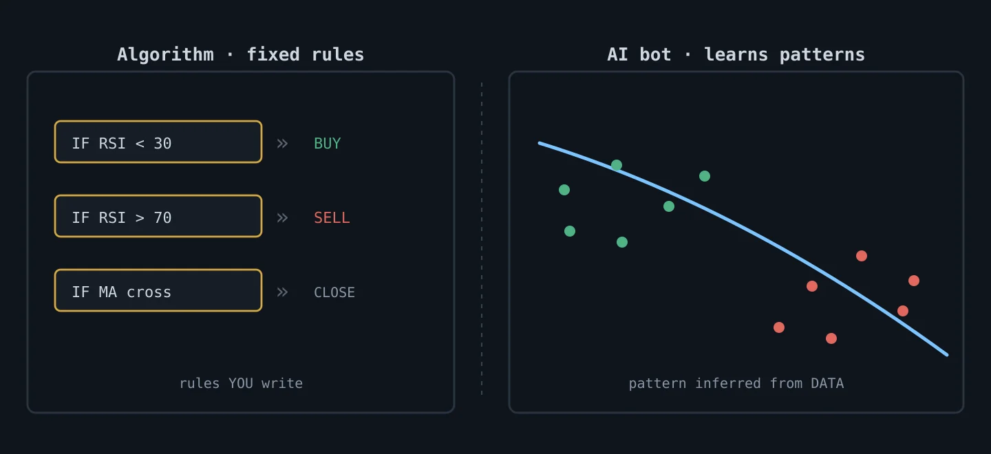 AI bot versus algorithm: fixed rules you write versus a pattern learned from data