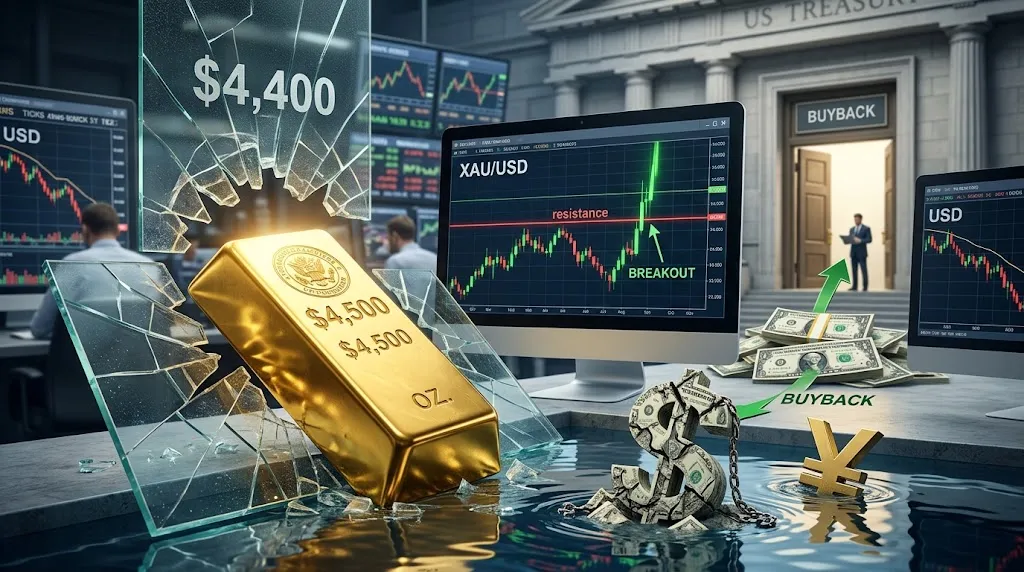 Dollar sinks on Treasury buybacks; gold finally clears $4,400