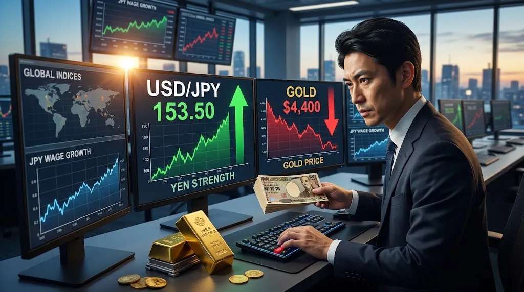 Yen surges on wage data as gold falls near $4,400