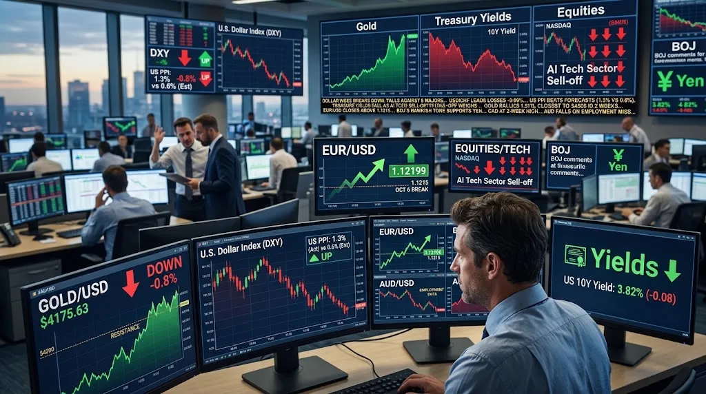 Dollar falls against six majors despite hot US PPI; gold gains 1.8%